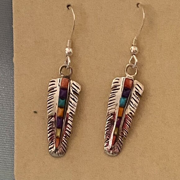 Feather earrings with multi gemstones inlaid. - Picture 1 of 6